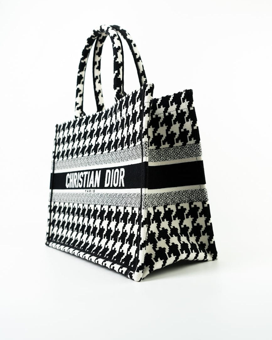 Christian Dior Tote White Dior White/Black Canvas Medium Houndstooth Book Tote Bag - Redeluxe