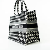 Christian Dior Tote White Dior White/Black Canvas Medium Houndstooth Book Tote Bag - Redeluxe