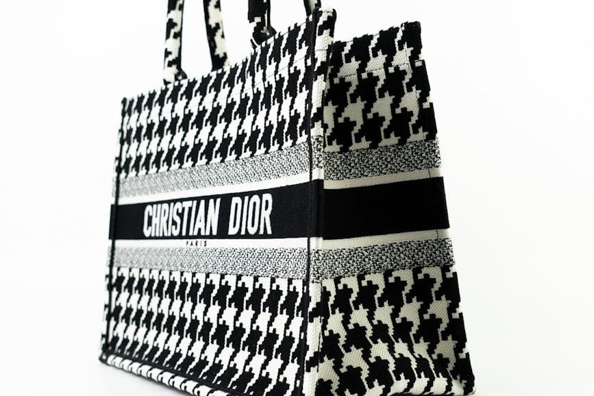 Christian Dior Tote White Dior White/Black Canvas Medium Houndstooth Book Tote Bag - Redeluxe