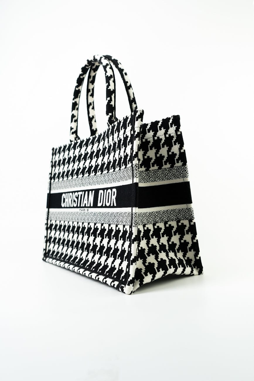 Christian Dior Tote White Dior White/Black Canvas Medium Houndstooth Book Tote Bag - Redeluxe