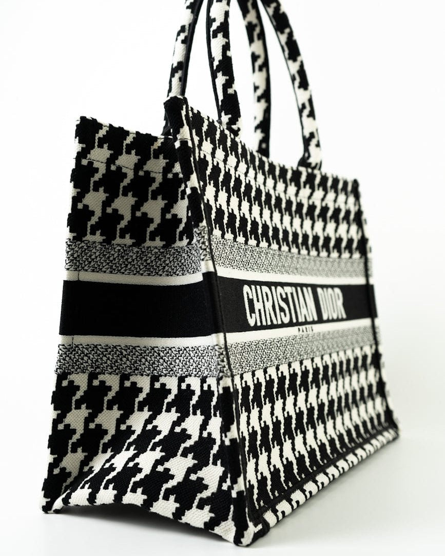 Christian Dior Tote White Dior White/Black Canvas Medium Houndstooth Book Tote Bag - Redeluxe