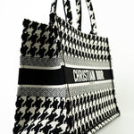 Christian Dior Tote White Dior White/Black Canvas Medium Houndstooth Book Tote Bag - Redeluxe