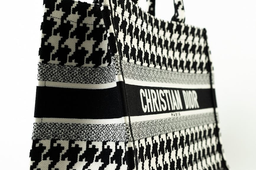 Christian Dior Tote White Dior White/Black Canvas Medium Houndstooth Book Tote Bag - Redeluxe