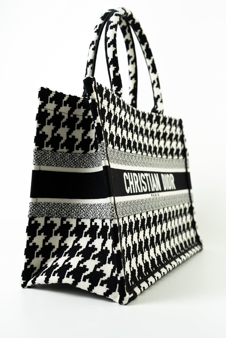 Christian Dior Tote White Dior White/Black Canvas Medium Houndstooth Book Tote Bag - Redeluxe