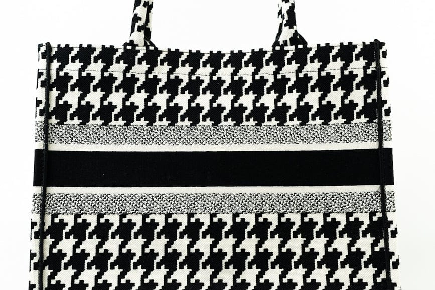 Christian Dior Tote White Dior White/Black Canvas Medium Houndstooth Book Tote Bag - Redeluxe