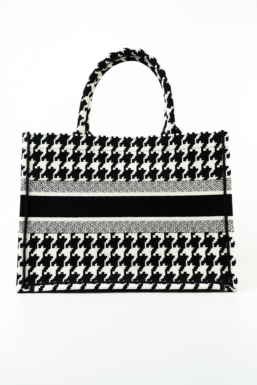Christian Dior Tote White Dior White/Black Canvas Medium Houndstooth Book Tote Bag - Redeluxe