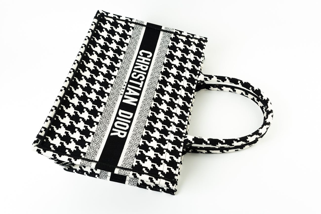 Christian Dior Tote White Dior White/Black Canvas Medium Houndstooth Book Tote Bag - Redeluxe