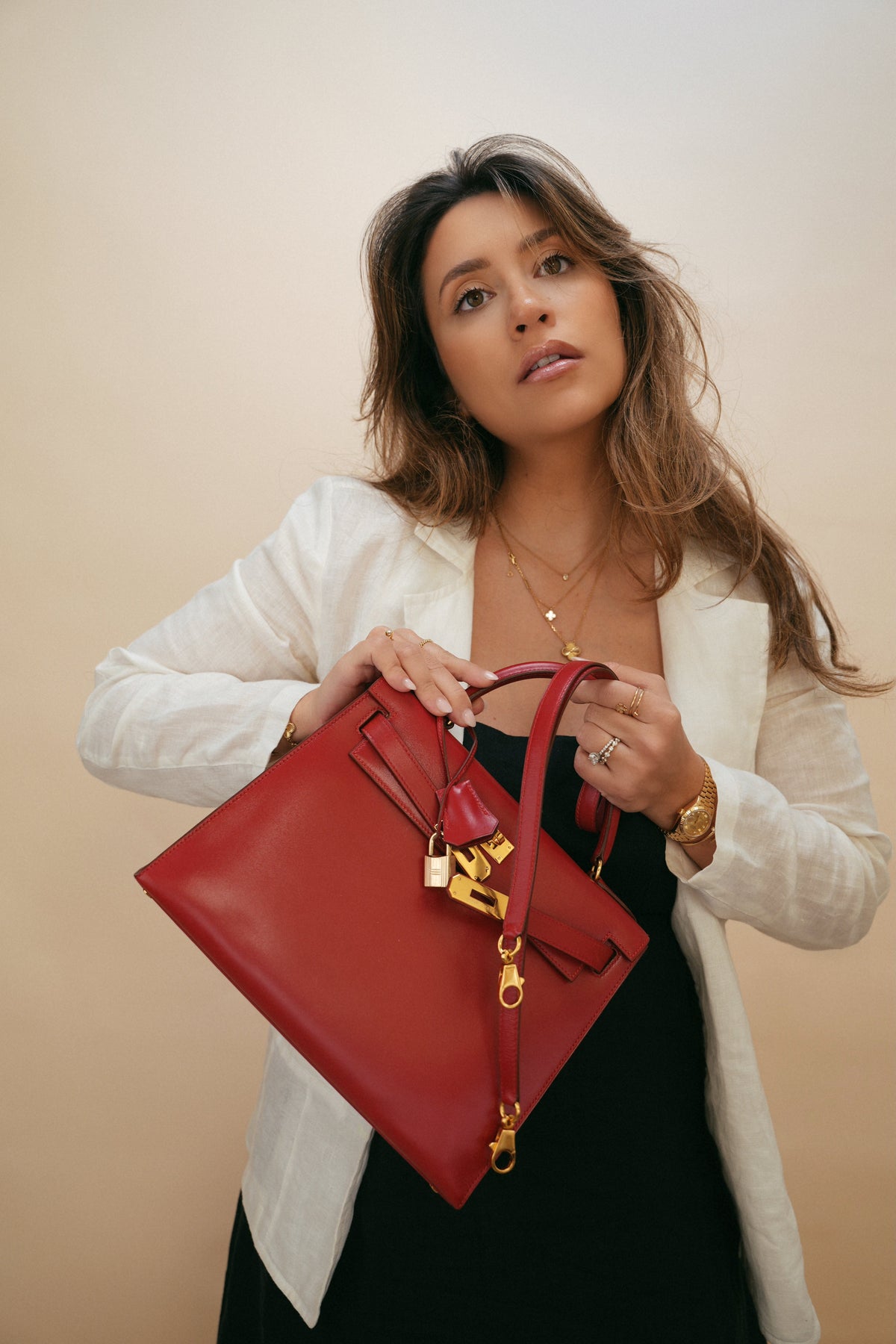 Kelly Sellier 28 Rouge Box Calfskin Gold Plated V Stamp