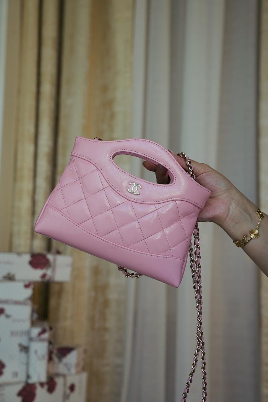 25P Pink Shiny Calfskin Quilted 31 Nano Shopping Bag Light Gold