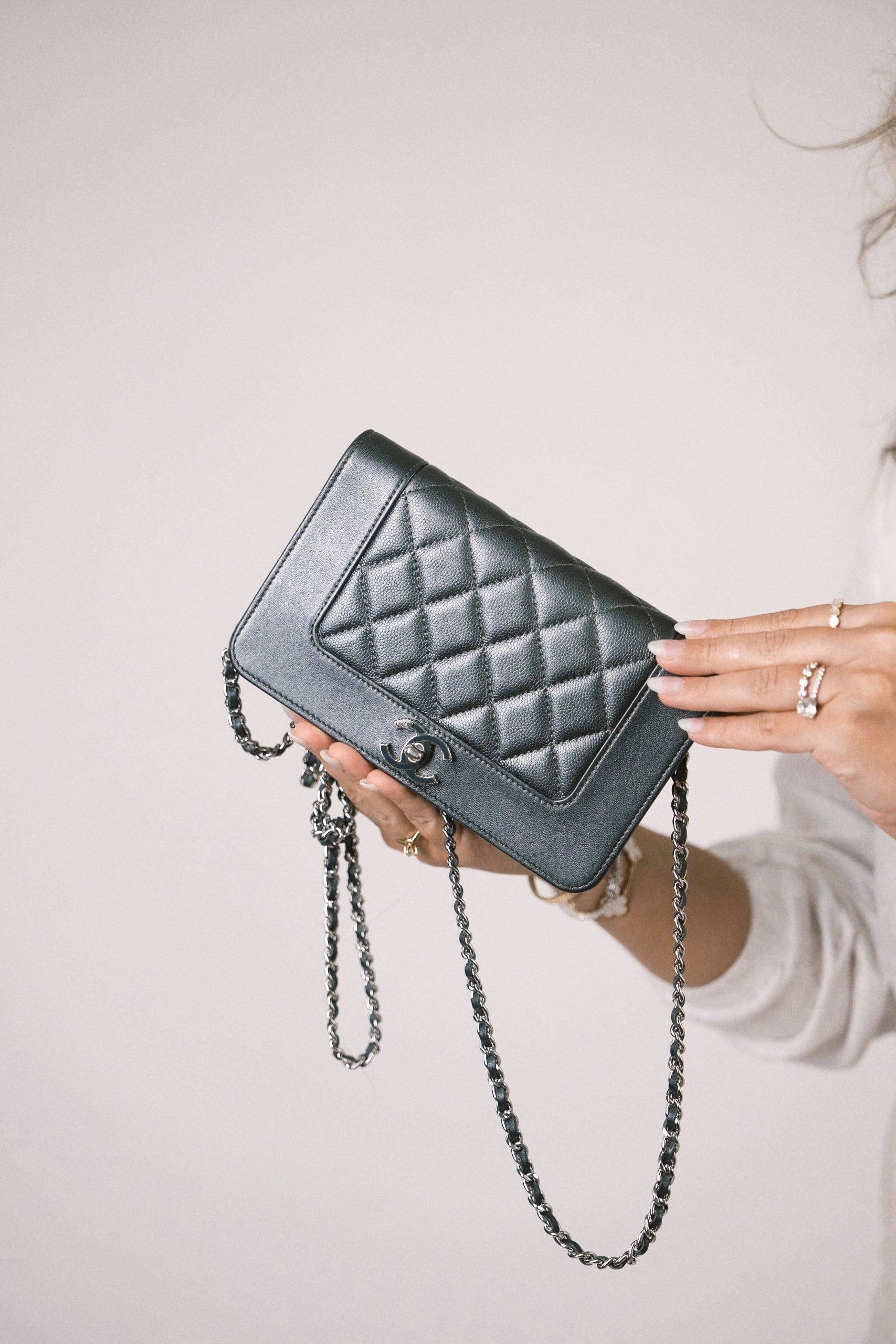 Charcoal 20A Mademoiselle Caviar Quilted Wallet on Chain