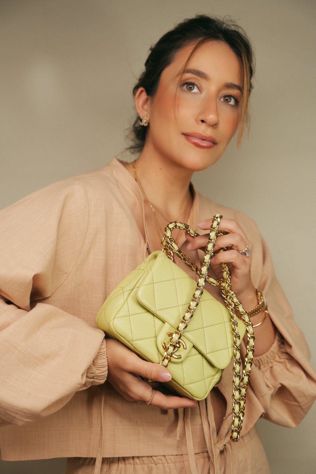 Green Lambskin Quilted Halo Top Handle Mini Square Flap Brushed Gold Hardware