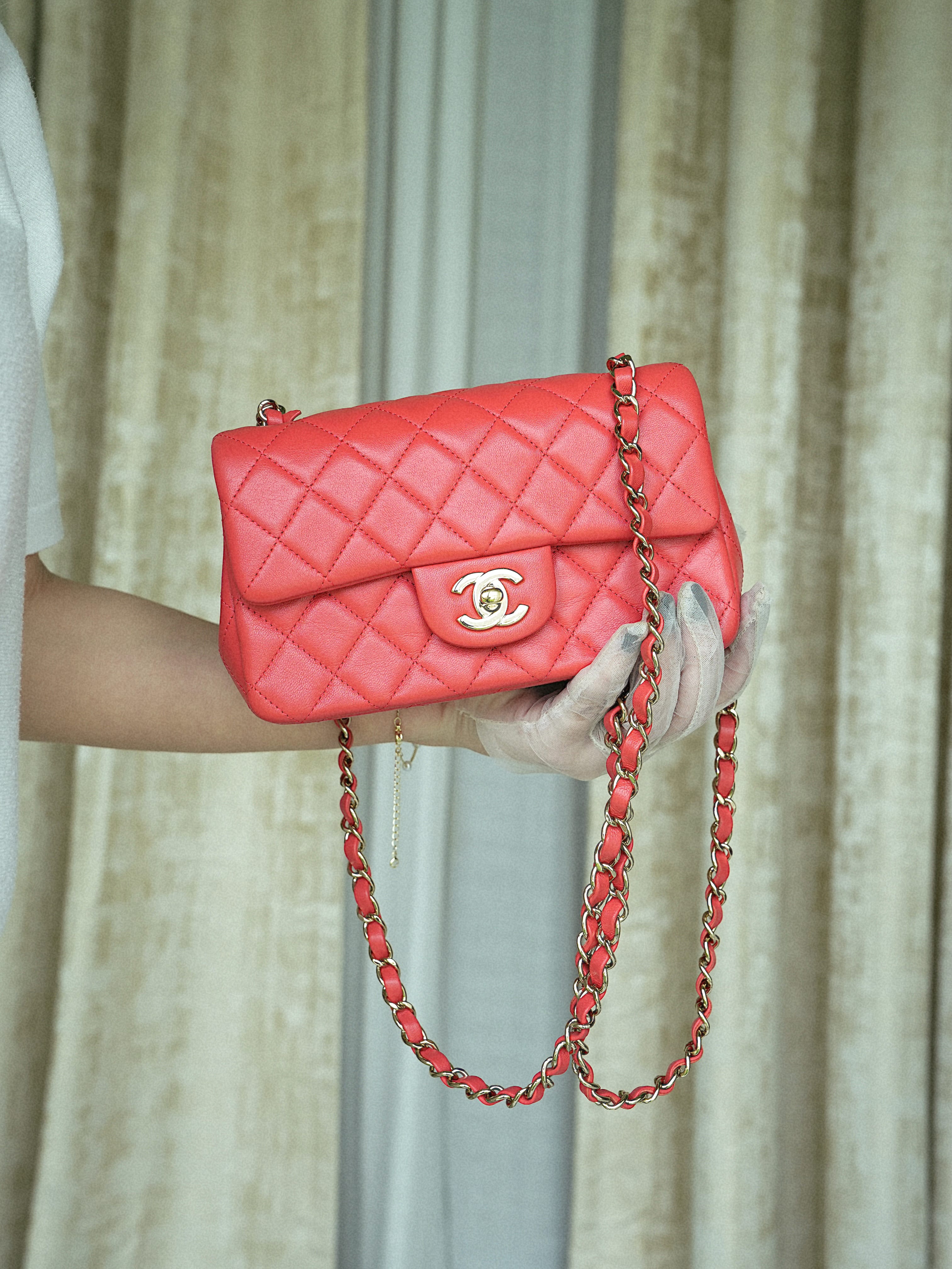 21P Red Lambskin Quilted Mini Rectangular Single Flap – REDELUXE