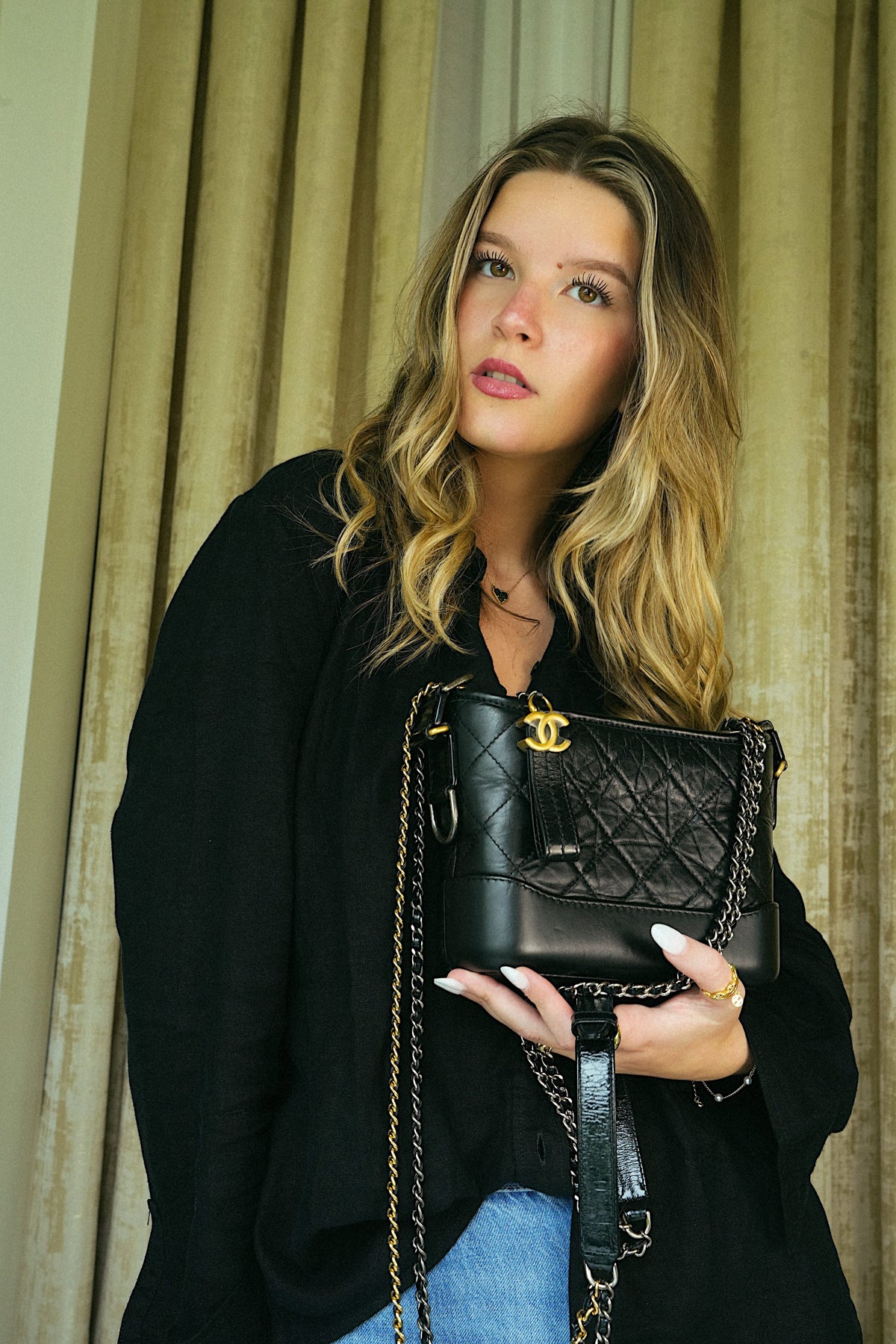 Black Aged Calfskin Quilted Gabrielle Hobo Bag Small Mixed Hardware