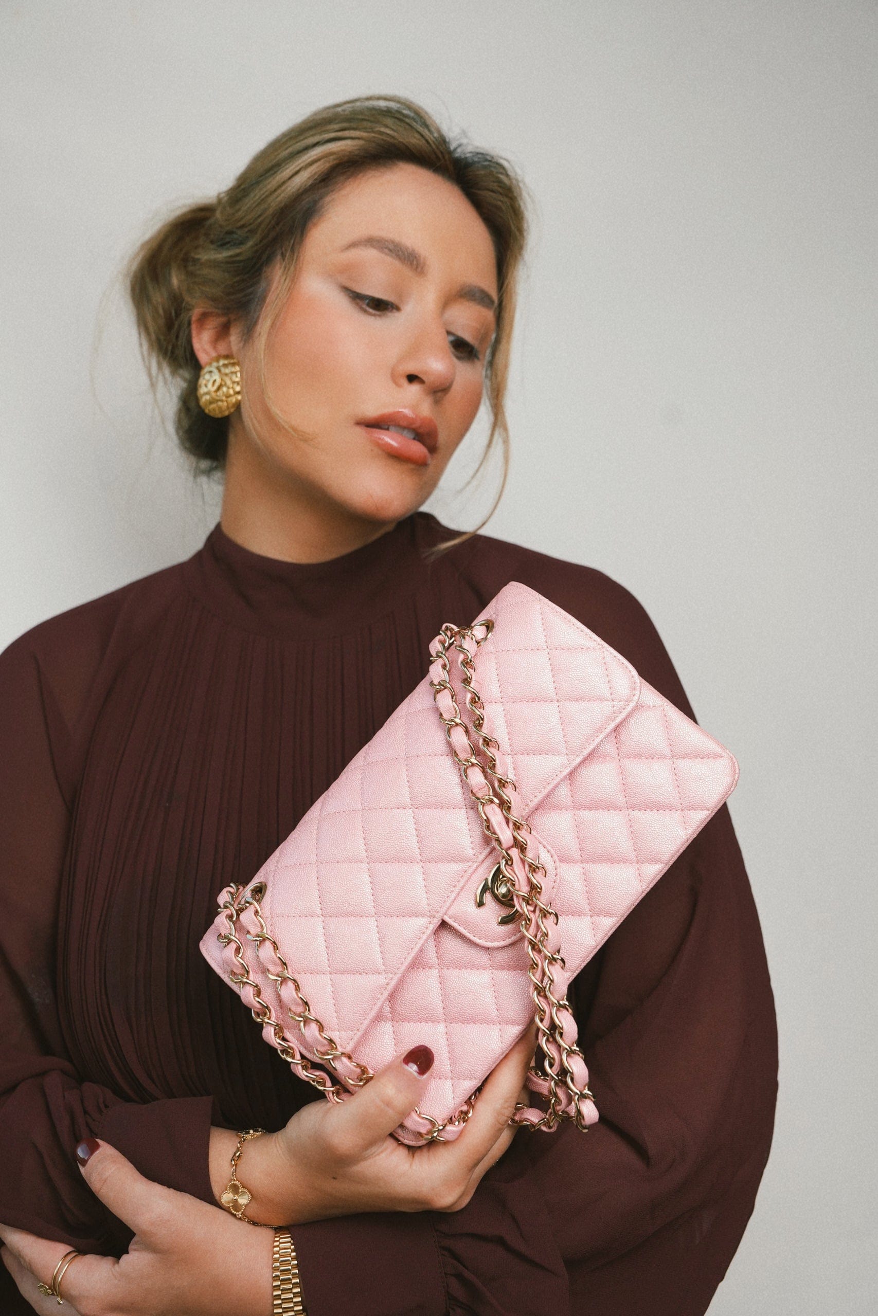 19S Iridescent Pink Caviar Quilted Small Classic Flap with LGHW