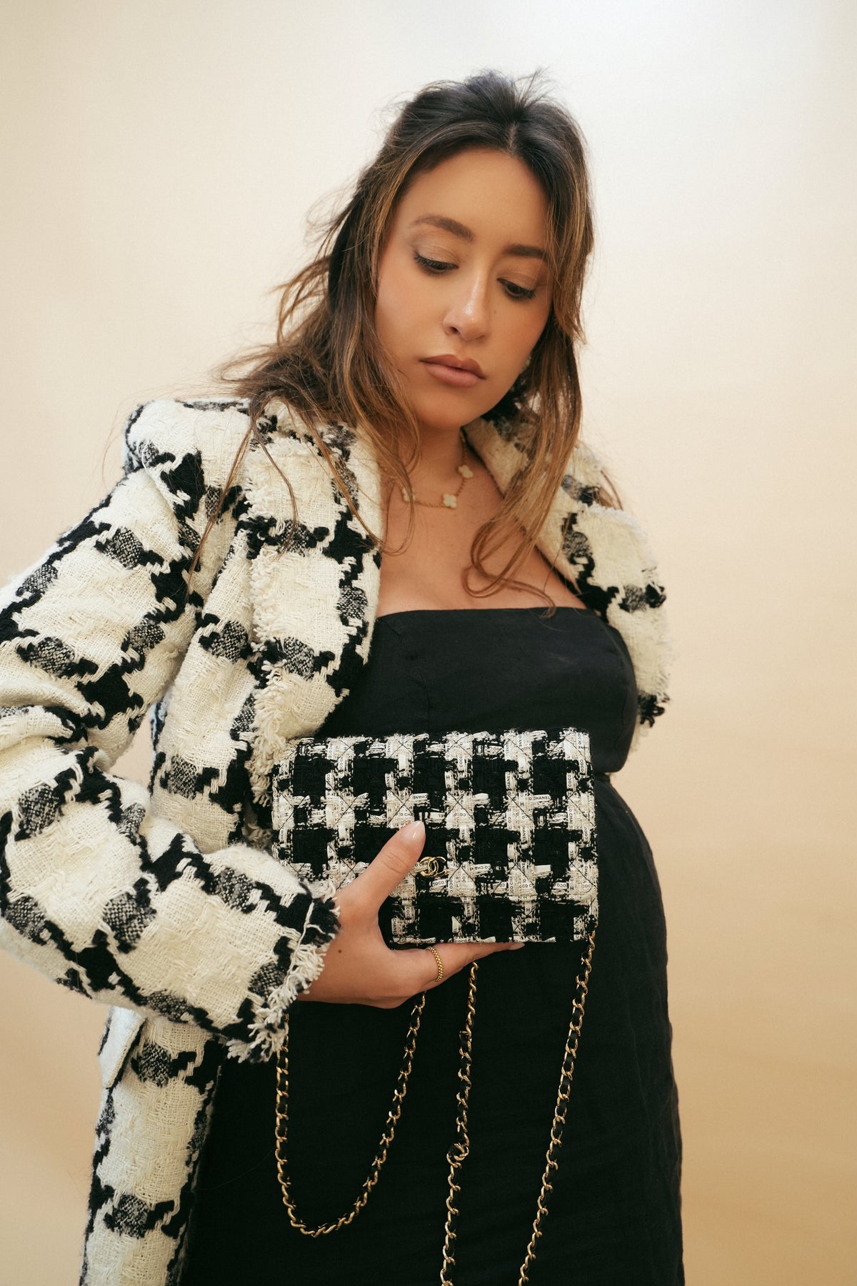 20S Ecru Black & White Ribbon Tweed Quilted Wallet On Chain WOC