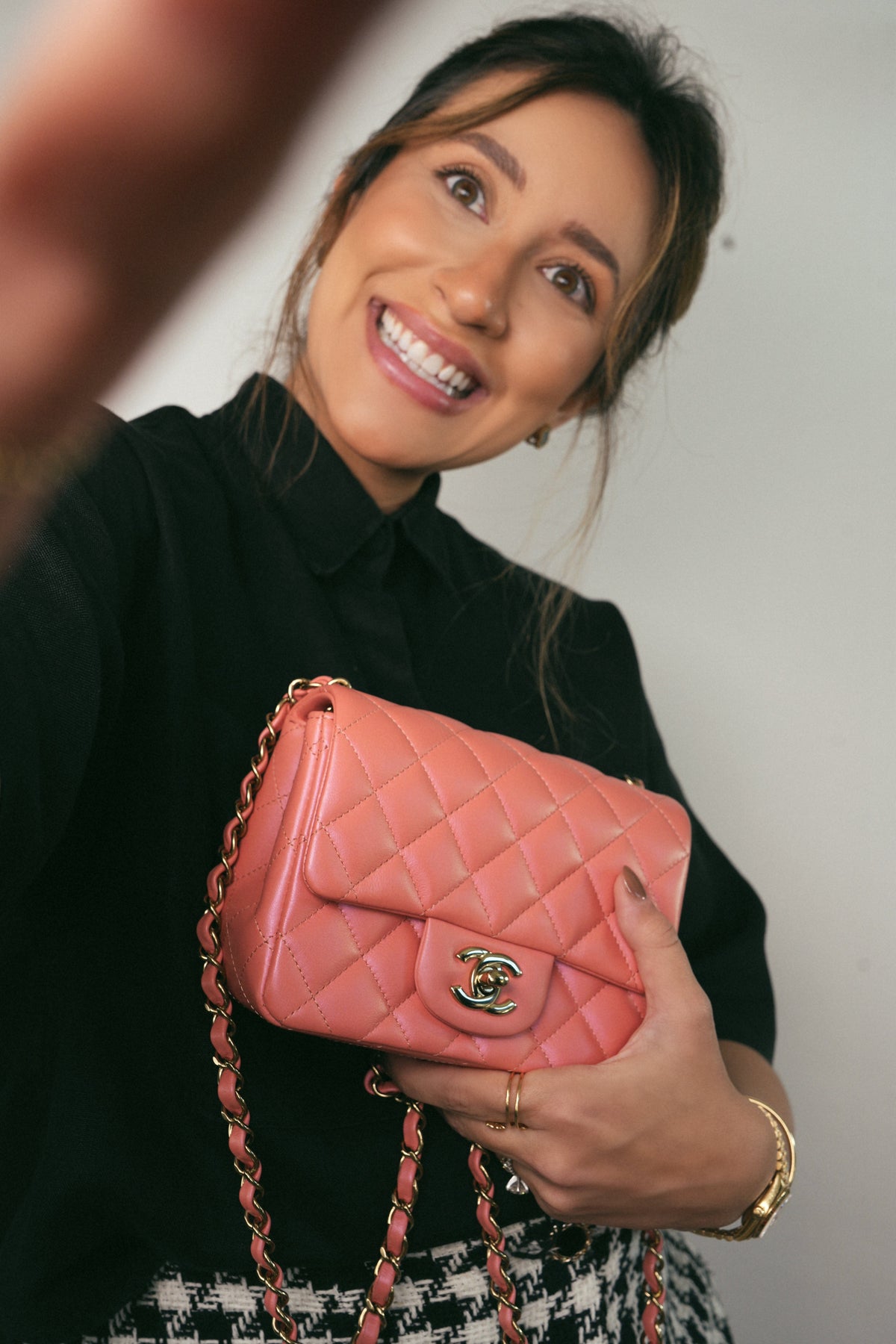 Iridescent Pink Lambskin Quilted Mini Square Flap Light Gold Hardware