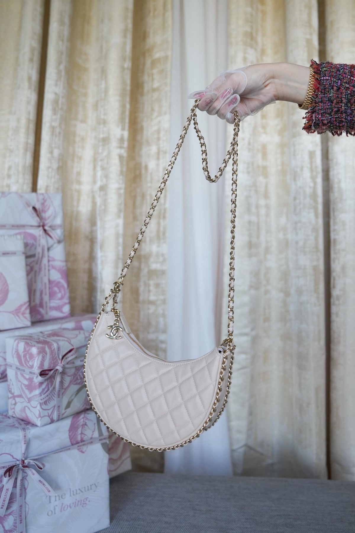 Light Beige Small Lambskin Quilted Hobo Bag