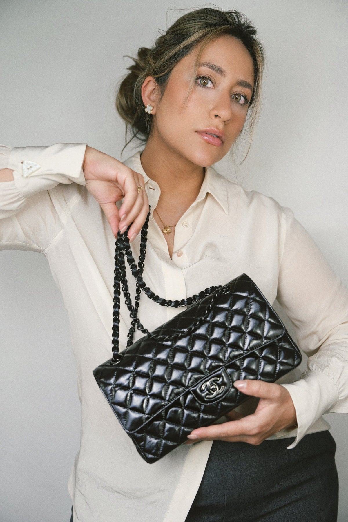So Black Shiny Crumpled Calfskin Quilted Medium Classic Flap