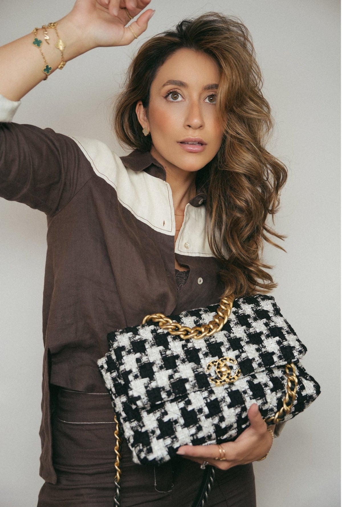 Black White Ecru Houndstooth Tweed Quilted Large 19 Flap MHW