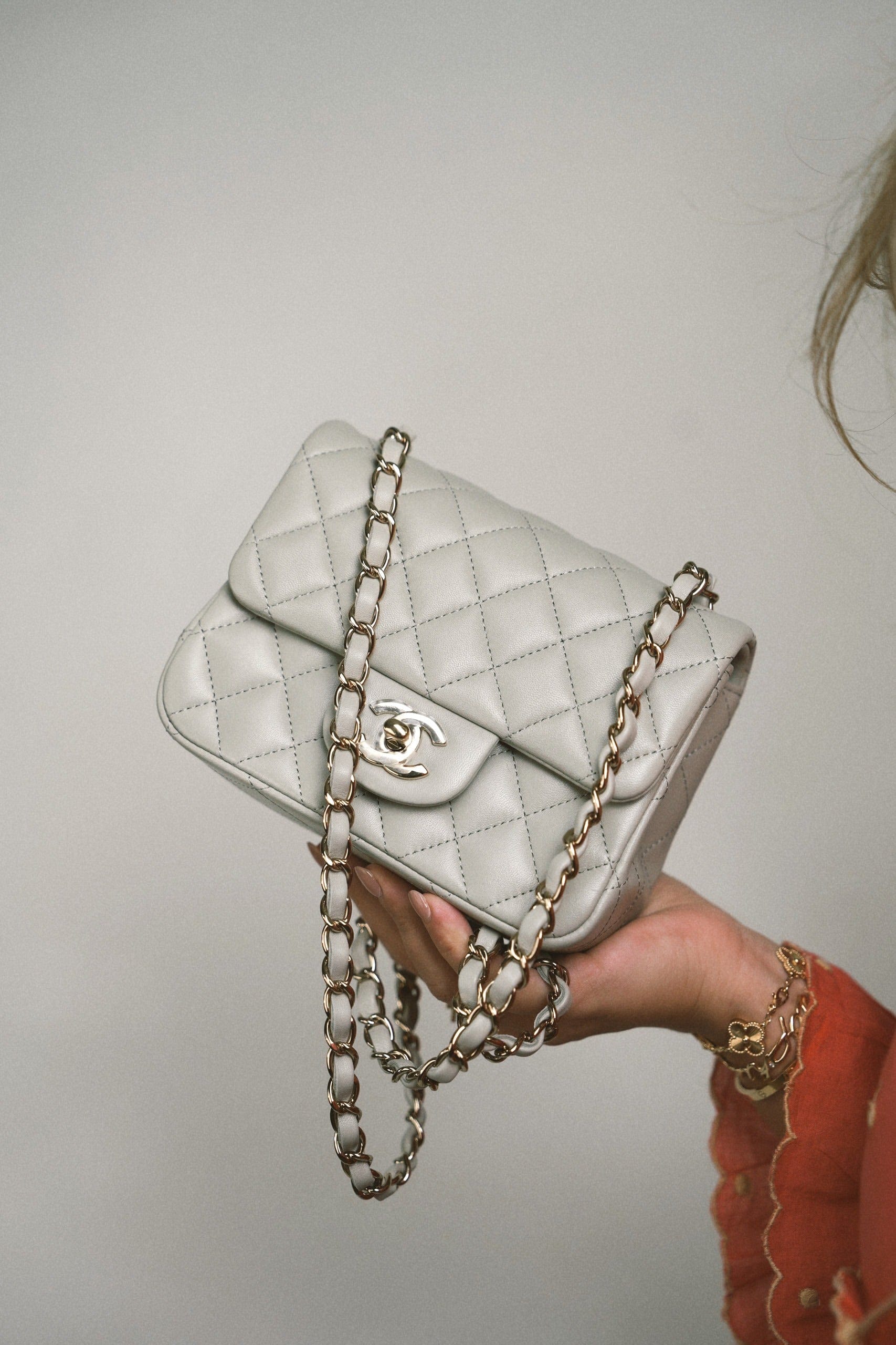 22C Grey Lambskin Quilted Mini Square Flap Light Gold Hardware