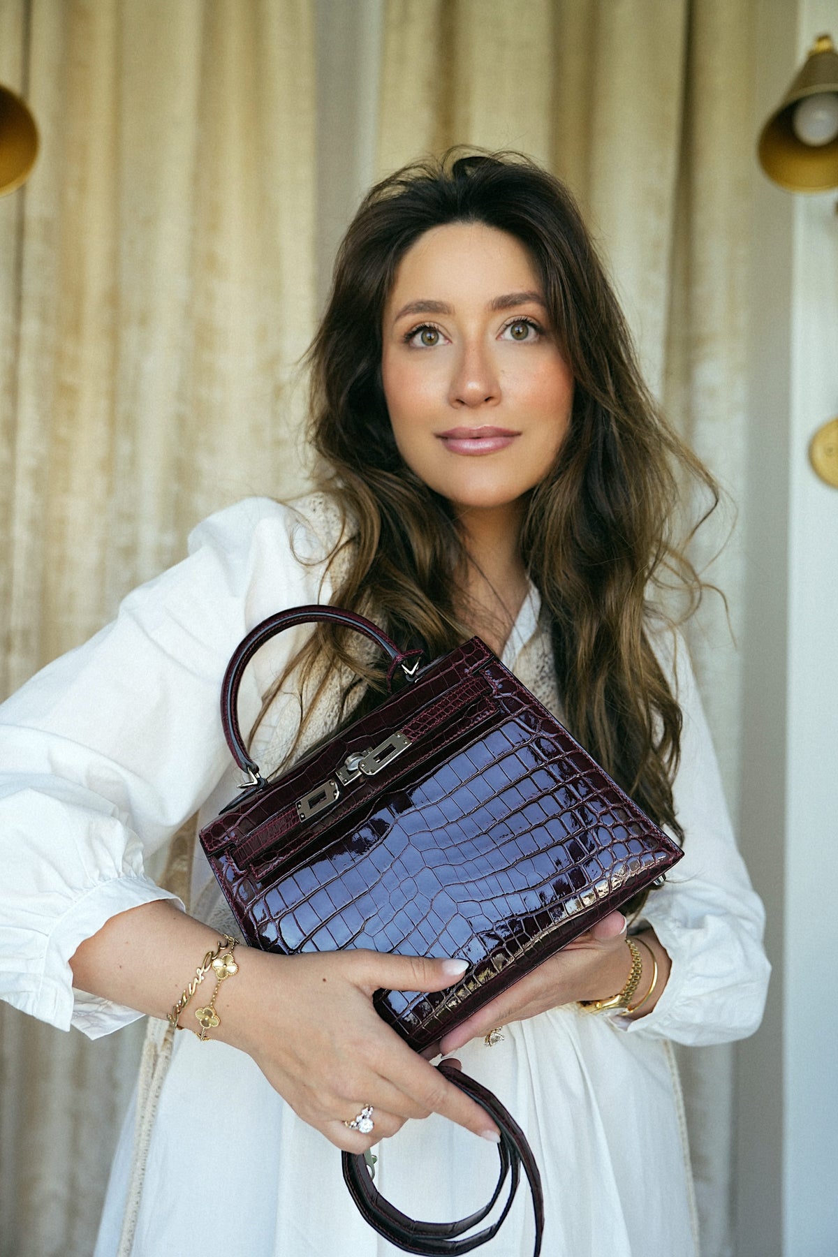 Kelly Sellier 25 Bordeaux Crocodile Niloticus Palladium Plated T Stamp