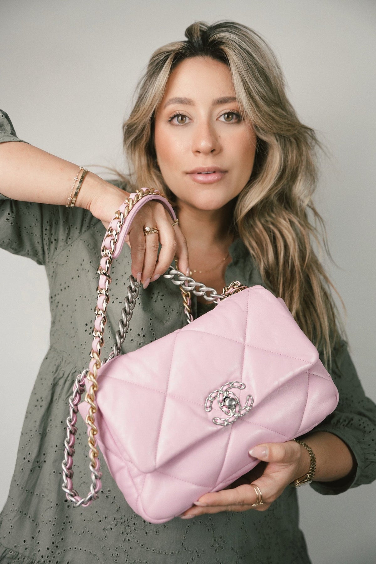 Light Pink Lambskin Quilted 19 Flap Small MHW