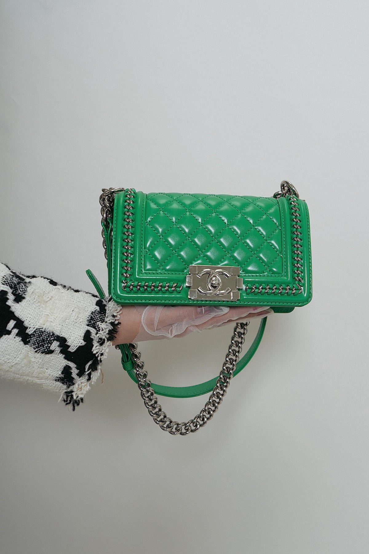 Green Calfskin Quilted Chain Around Boy Bag Small Silver Hardware