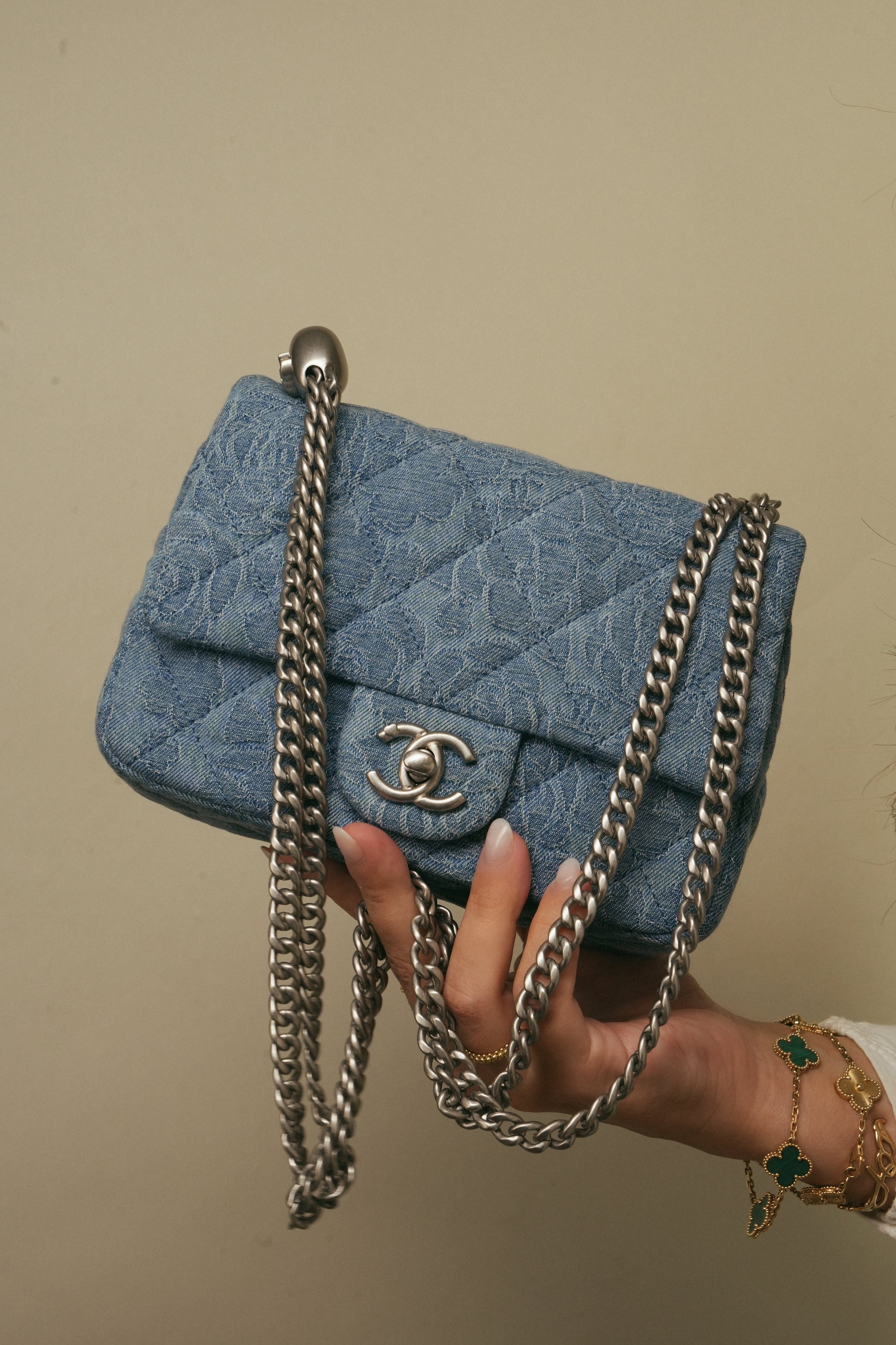 23P Blue Denim Quilted Camellia Mini Sweetheart Single Flap Bag