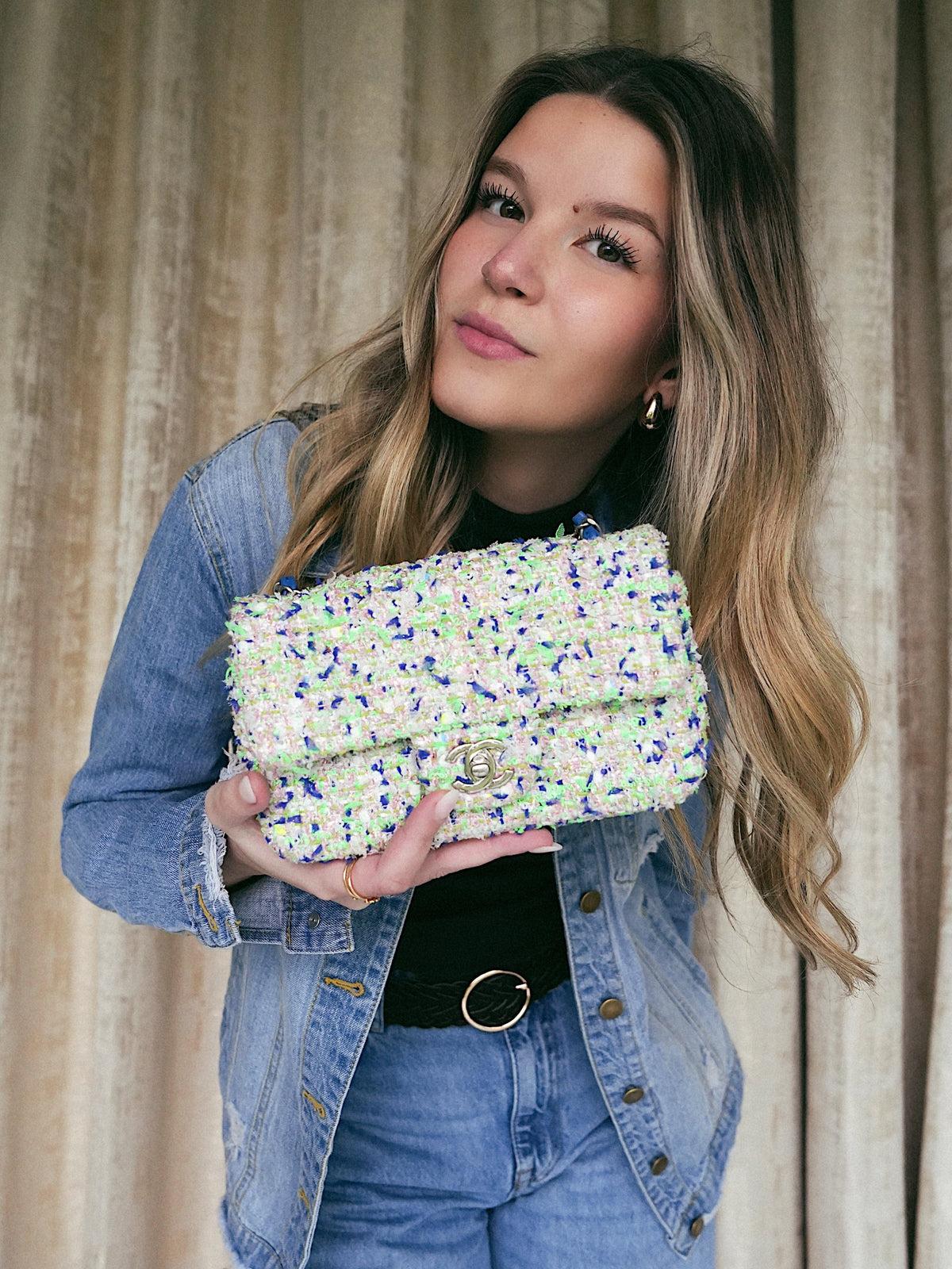 White/Multicolor Tweed Quilted Mini Rectangular Flap Aged Silver Hardware