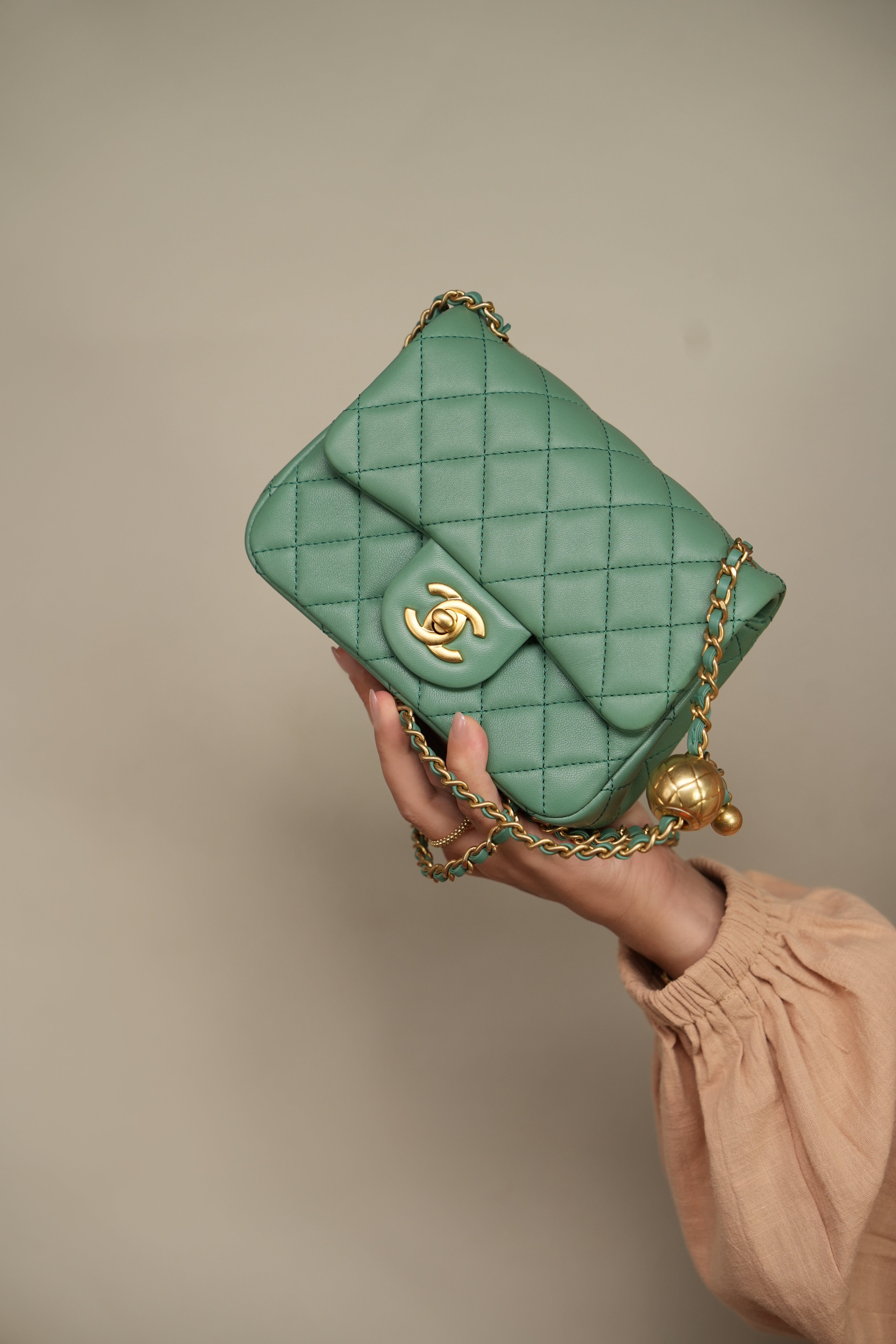 23C Green Lambskin Quilted Pearl Crush Mini Square Flap Aged Gold