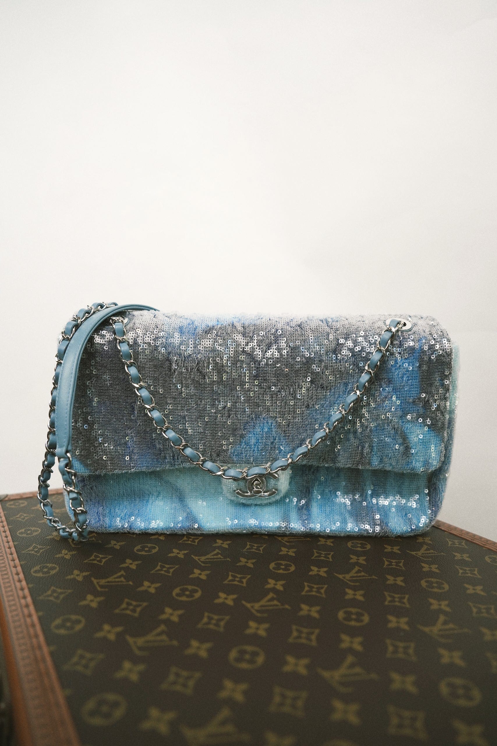 18S Blue Waterfall Sequin Jumbo Single Flap Bag Silver Hardware