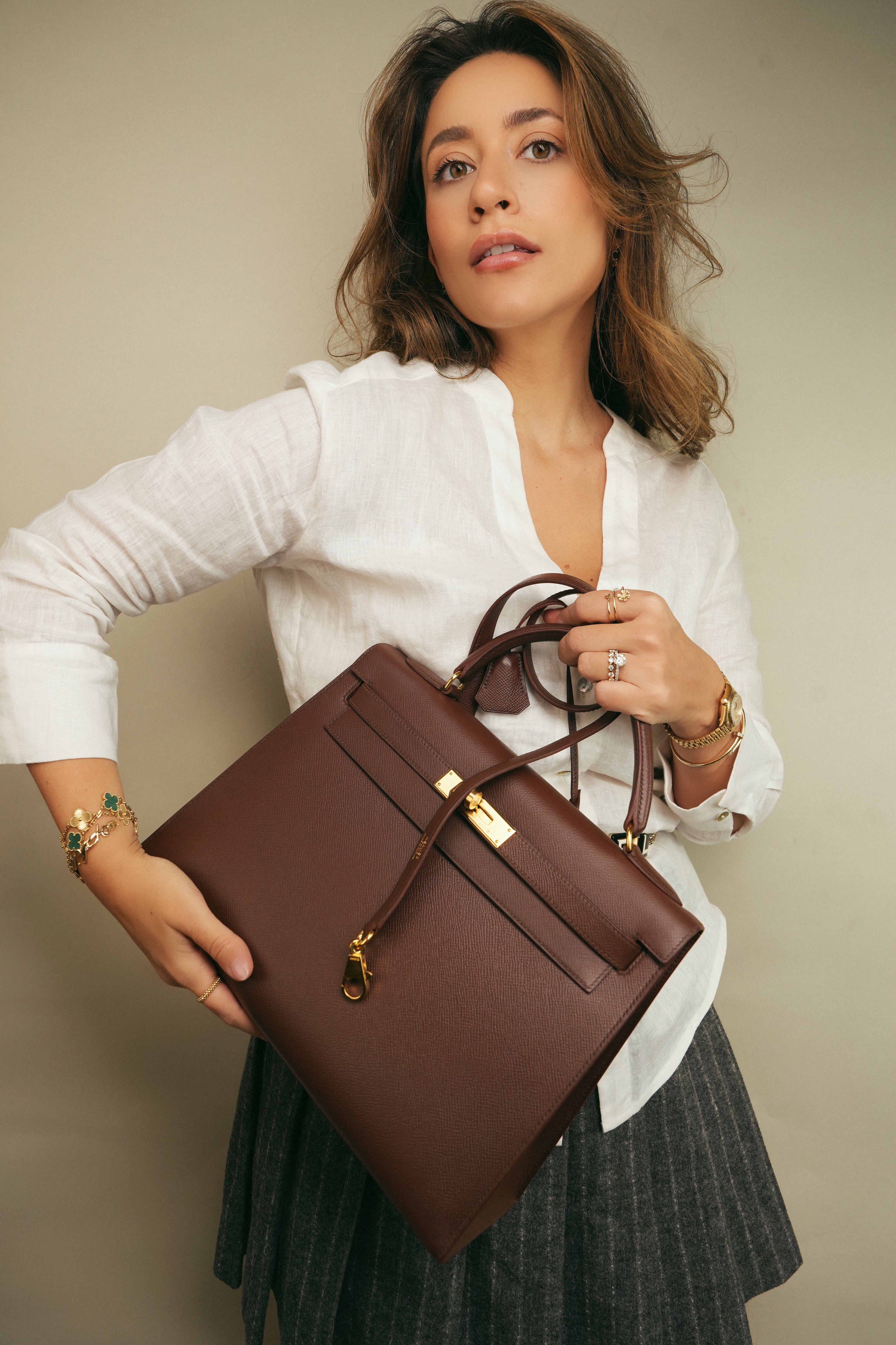 Kelly Sellier 32 Brown Havane Courchevel Gold Plated (Z) Stamp