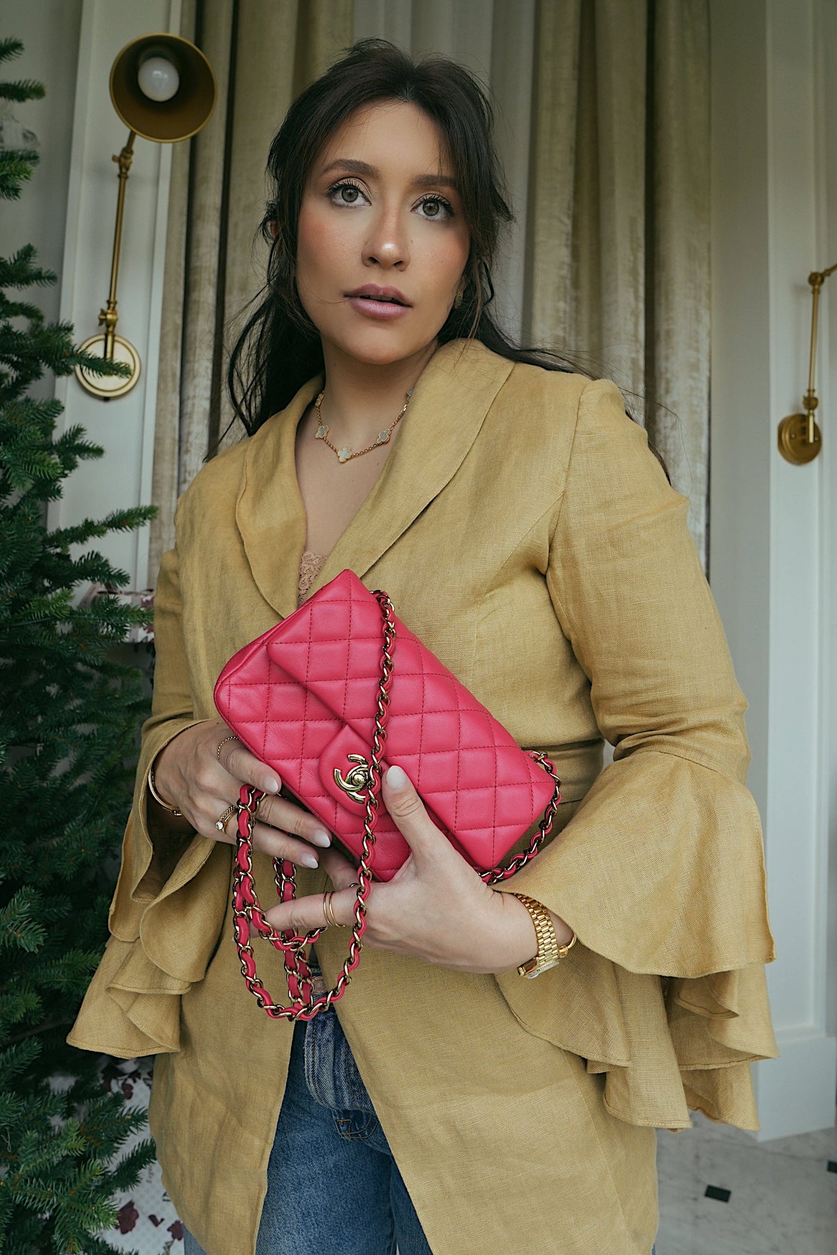 Dark Pink Lambskin Quilted Mini Rectangular Flap LGHW