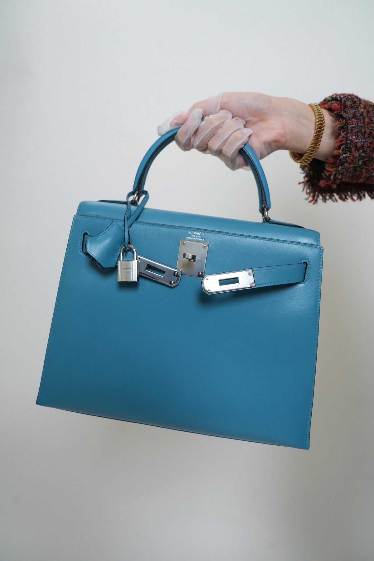 Kelly Sellier 28 Bleu Jean Box Calfskin Palladium Plated C Square Stamp