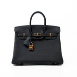 Hermes Handbag Birkin 25 Black Veau Togo Leather Rose Gold Hardware Z Stamp - Redeluxe