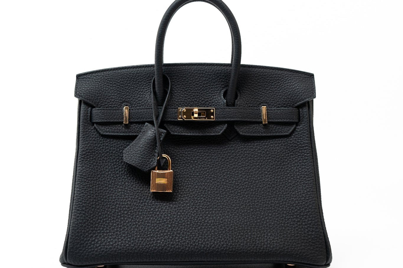 Hermes Handbag Birkin 25 Black Veau Togo Leather Rose Gold Hardware Z Stamp - Redeluxe
