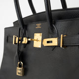 Hermes Handbag Birkin 30 Black/ Noir Vachette Ardennes Gold Plated Hardware G Square Stamp - Redeluxe