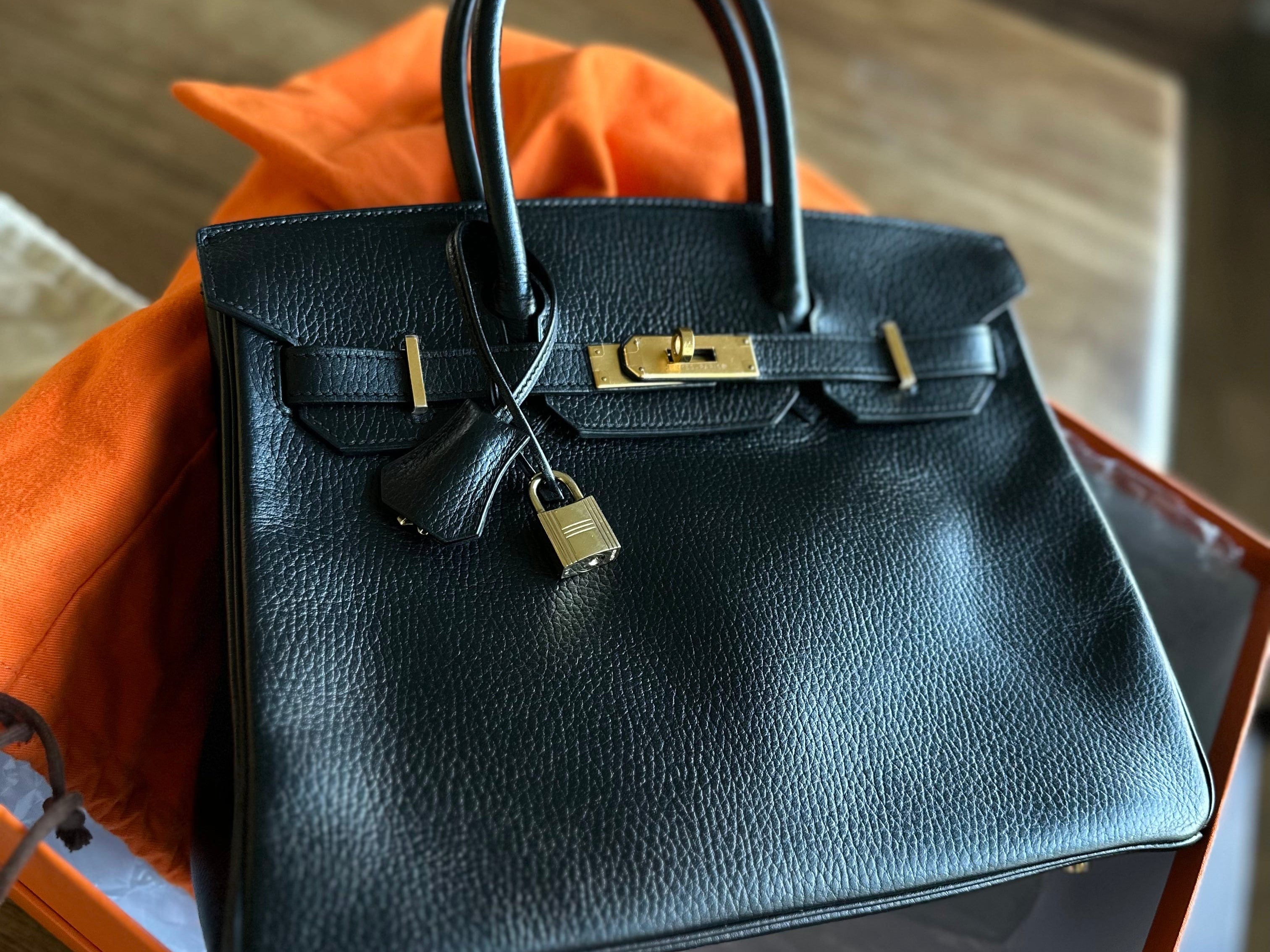 Hermes Handbag Birkin 30 Black/ Noir Vachette Ardennes Gold Plated Hardware G Square Stamp - Redeluxe