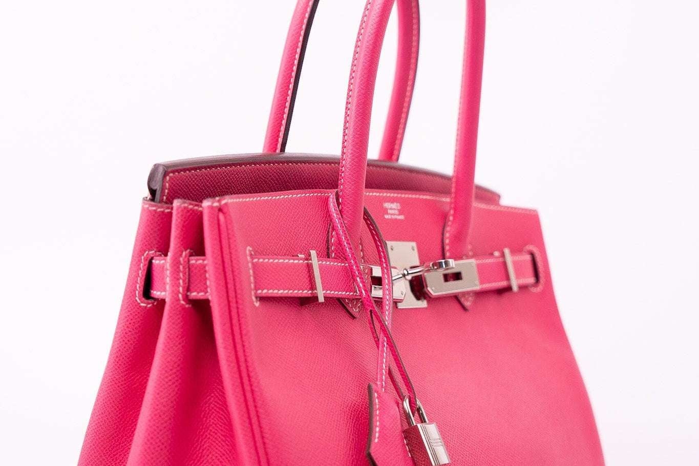 Hermes Handbag Birkin 30 (Candy Model) Rose Tyrien / Rubis Veau Epsom Leather Palladium Plated O Square Stamp - Redeluxe