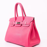 Hermes Handbag Birkin 30 (Candy Model) Rose Tyrien / Rubis Veau Epsom Leather Palladium Plated O Square Stamp - Redeluxe