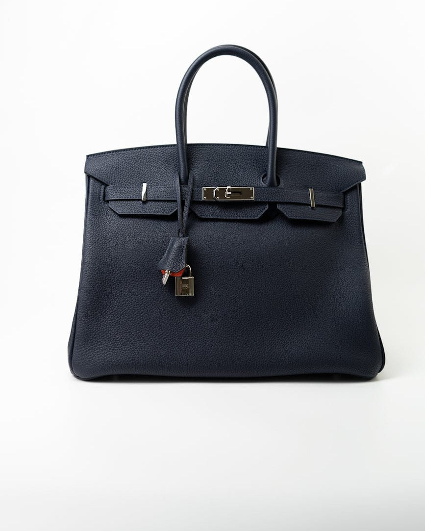 Hermes Handbag Birkin 35 Bleu Nuit Orange Poppy Veau Togo Leather Palladium Plated 2017 A  - Redeluxe