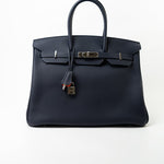 Hermes Handbag Birkin 35 Bleu Nuit Orange Poppy Veau Togo Leather Palladium Plated 2017 A  - Redeluxe
