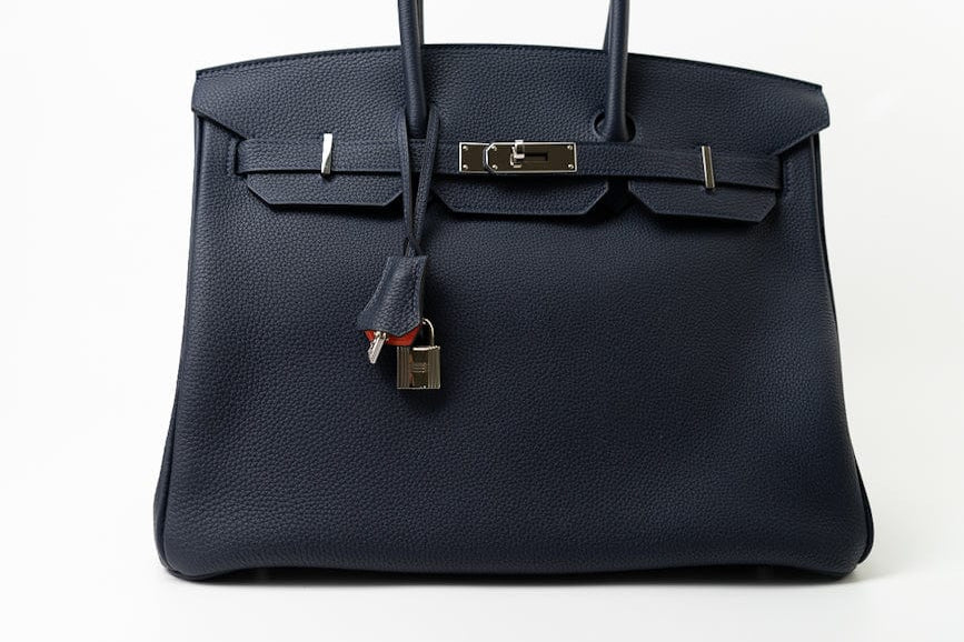Hermes Handbag Birkin 35 Bleu Nuit Orange Poppy Veau Togo Leather Palladium Plated 2017 A  - Redeluxe