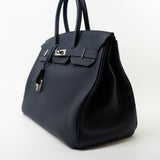 Hermes Handbag Birkin 35 Bleu Nuit Orange Poppy Veau Togo Leather Palladium Plated 2017 A  - Redeluxe