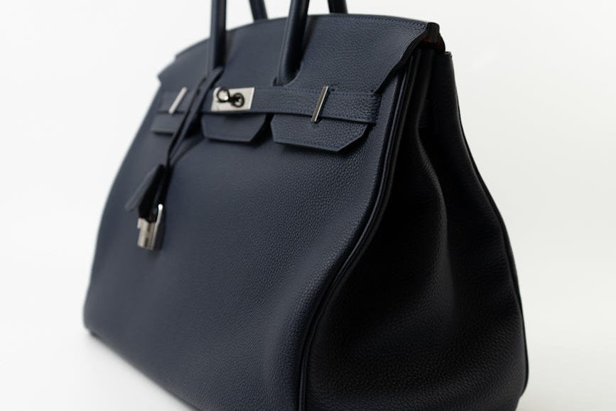 Hermes Handbag Birkin 35 Bleu Nuit Orange Poppy Veau Togo Leather Palladium Plated 2017 A  - Redeluxe