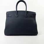Hermes Handbag Birkin 35 Bleu Nuit Orange Poppy Veau Togo Leather Palladium Plated 2017 A  - Redeluxe
