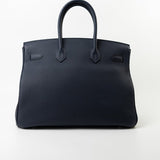 Hermes Handbag Birkin 35 Bleu Nuit Orange Poppy Veau Togo Leather Palladium Plated 2017 A  - Redeluxe