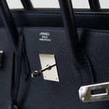 Hermes Handbag Birkin 35 Bleu Nuit Orange Poppy Veau Togo Leather Palladium Plated 2017 A  - Redeluxe