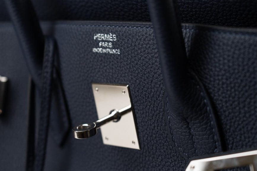 Hermes Handbag Birkin 35 Bleu Nuit Orange Poppy Veau Togo Leather Palladium Plated 2017 A  - Redeluxe
