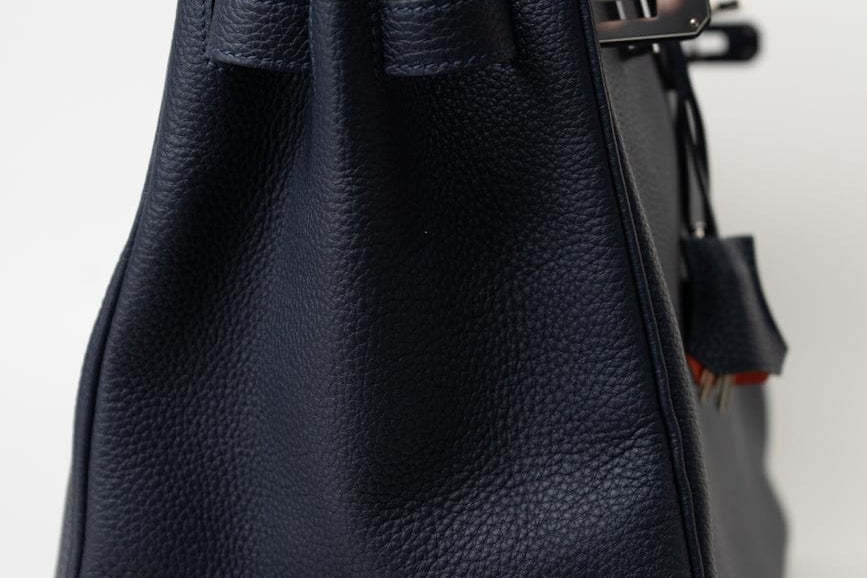 Hermes Handbag Birkin 35 Bleu Nuit Orange Poppy Veau Togo Leather Palladium Plated 2017 A  - Redeluxe